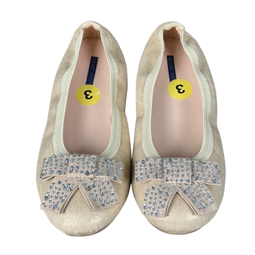 Stuart Weitzman Gold Champagne Shimmer Rhinestone Bow Ballet Flats Size‎ 3